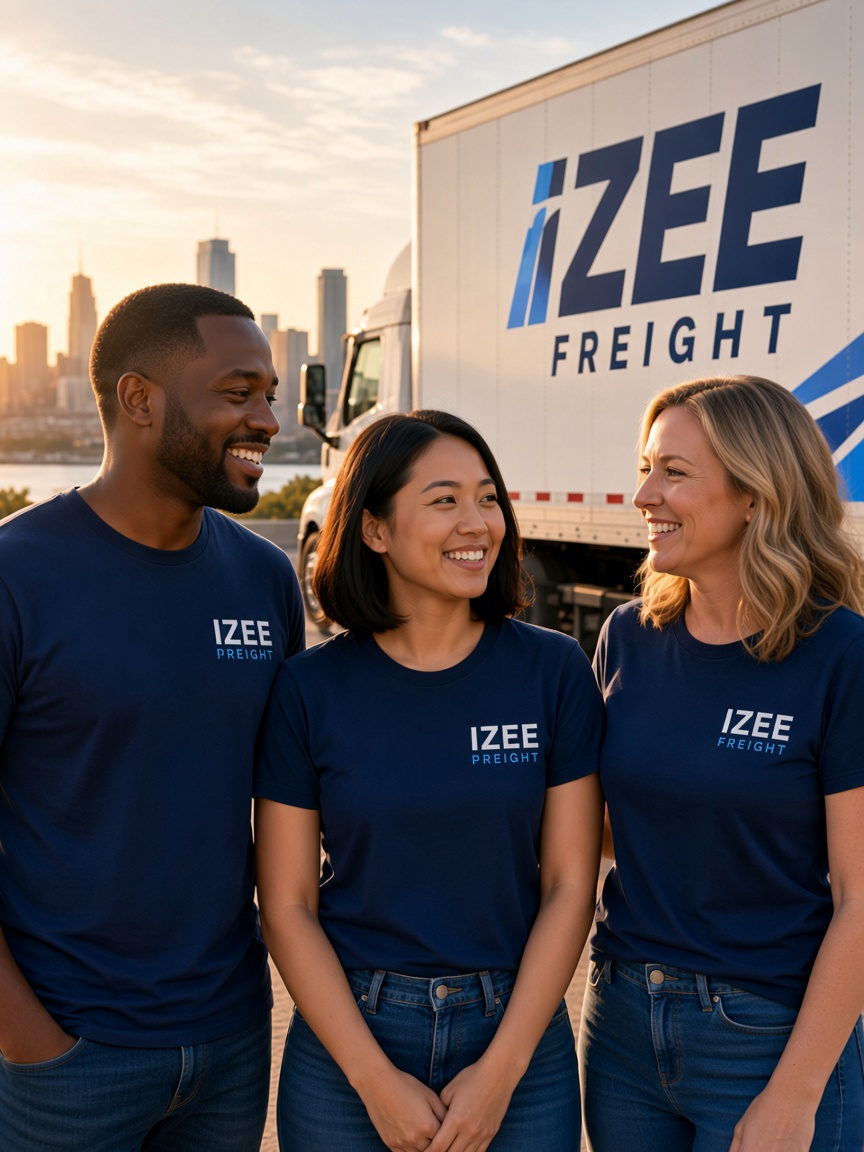 Izee Freight teammates talking beside a company trailer