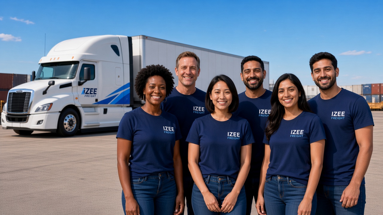 Izee Freight team smiling in front of a company truck