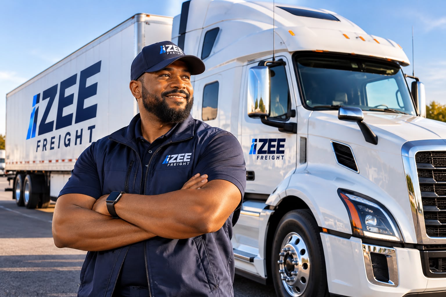 Izee Freight driver standing beside a branded truck