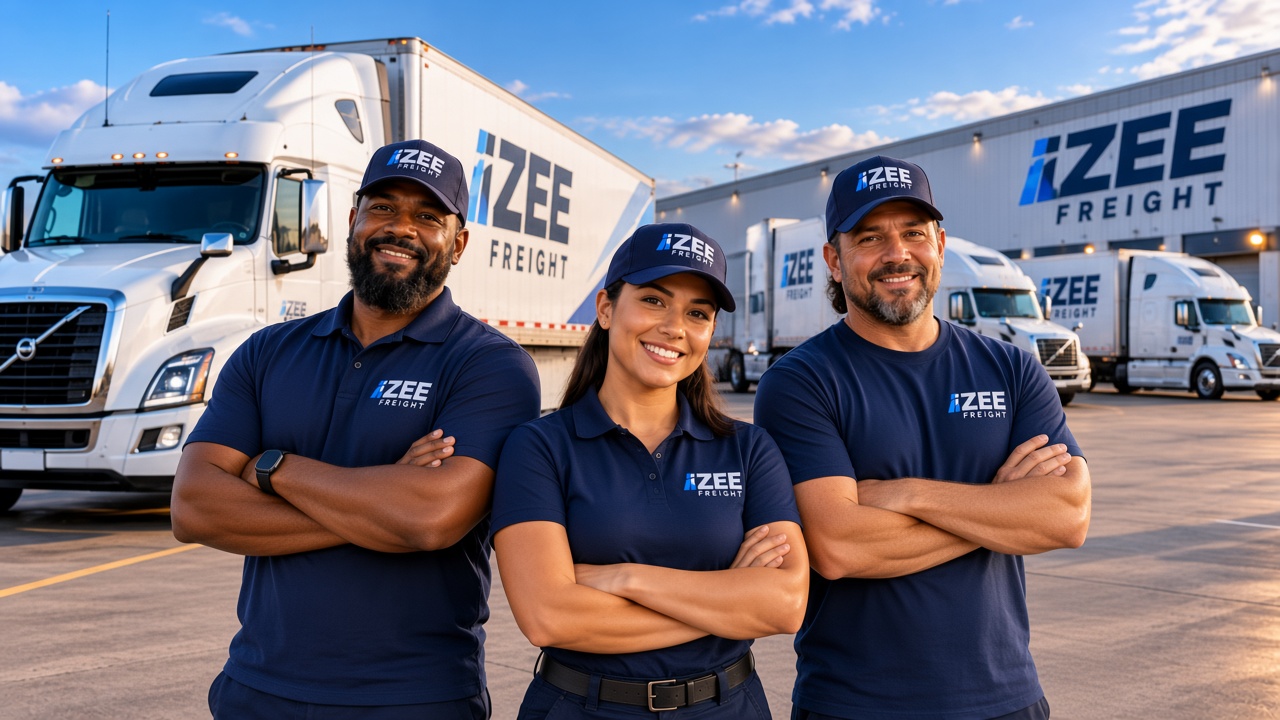 Izee Freight drivers standing together in front of the fleet