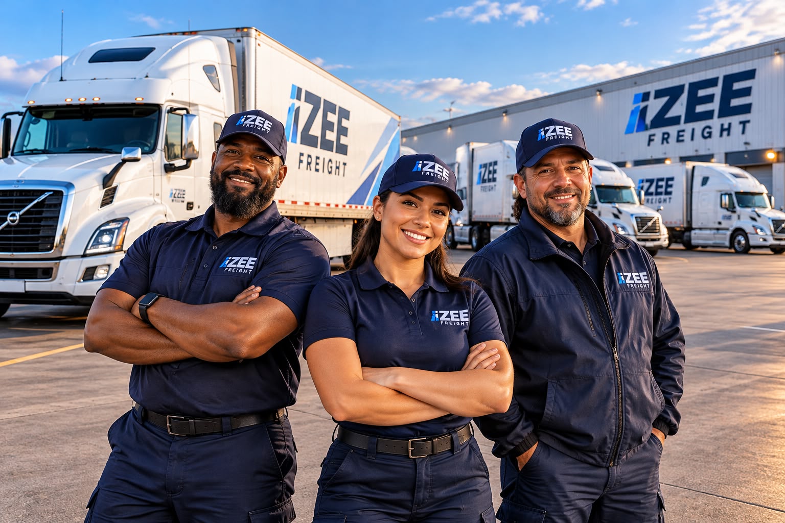 Izee Freight team in front of the fleet