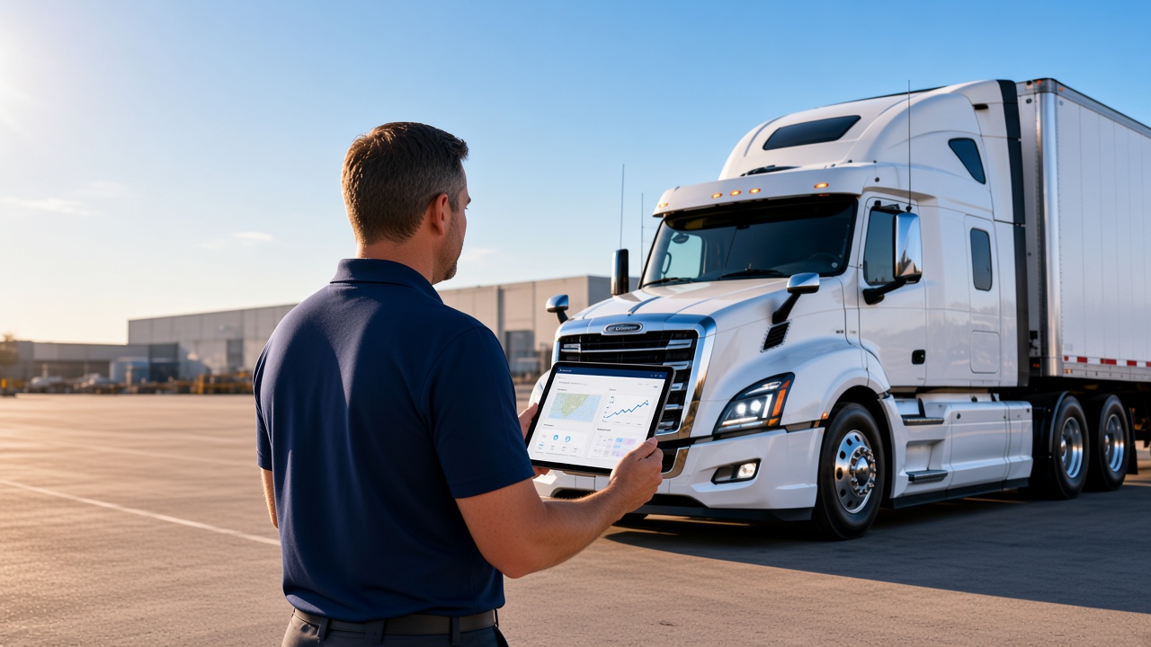 Truck owner reviewing a fleet dashboard beside a white semi