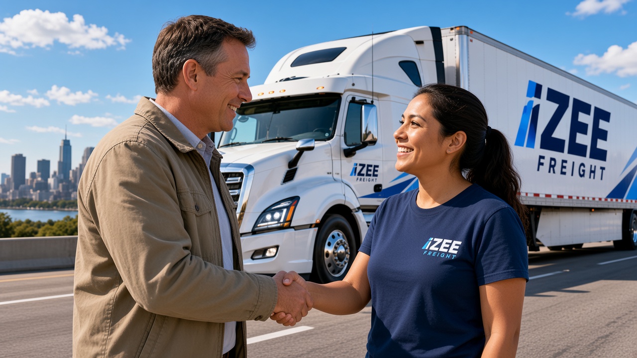 Truck owner and Izee Freight driver shaking hands in front of a company truck