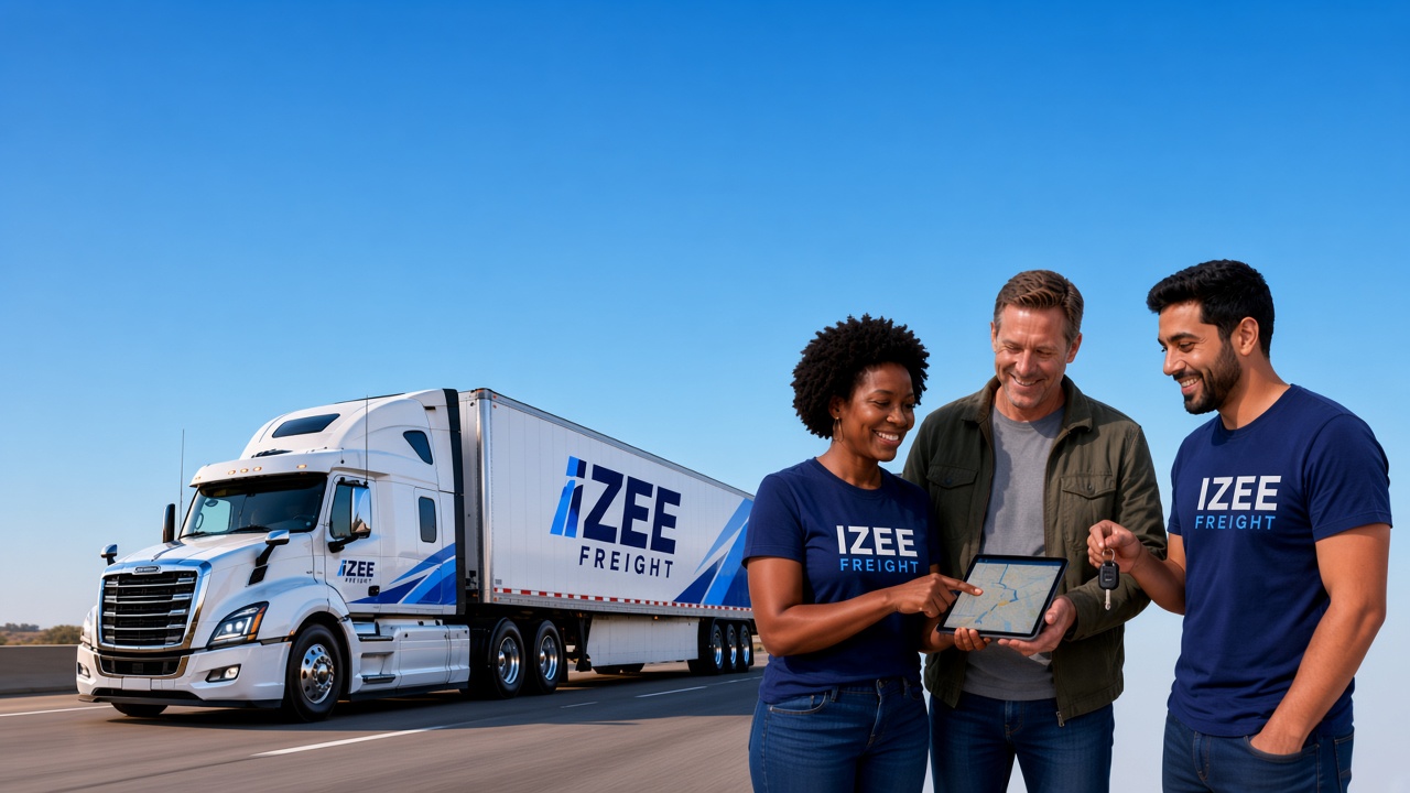 Izee coordinator showing a truck owner a route while a driver holds the keys